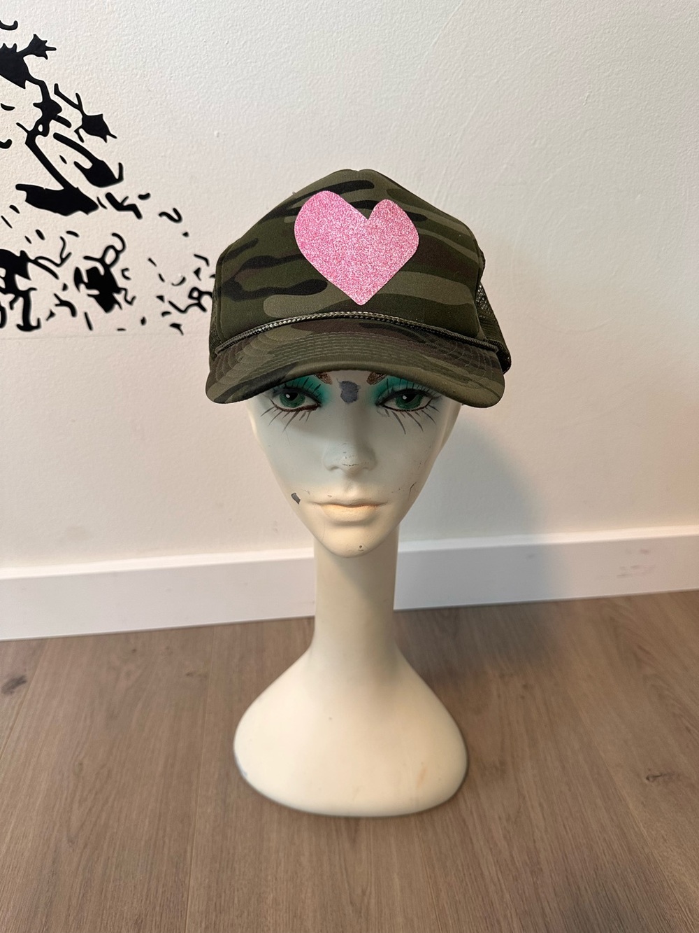 Camouflage Trucker Cap with Pink Glitter Heart